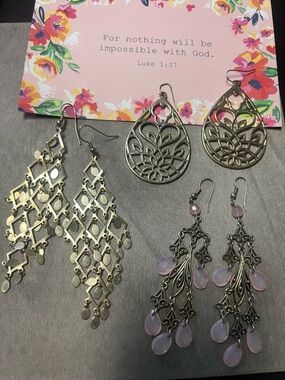 3 pairs of gold-tone & Pink Gemstone Drop Chandelier Earrings Elegant Boho Style